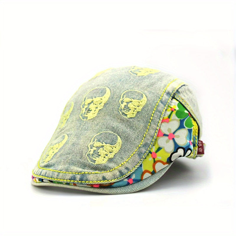 Skull Embroidered Hip Hop Beret Washed Distressed Vintage Flat Hat