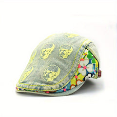 Skull Embroidered Hip Hop Beret Washed Distressed Vintage Flat Hat
