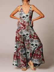 Vintage Skull & Flower Print Jumpsuit Women's Clothing