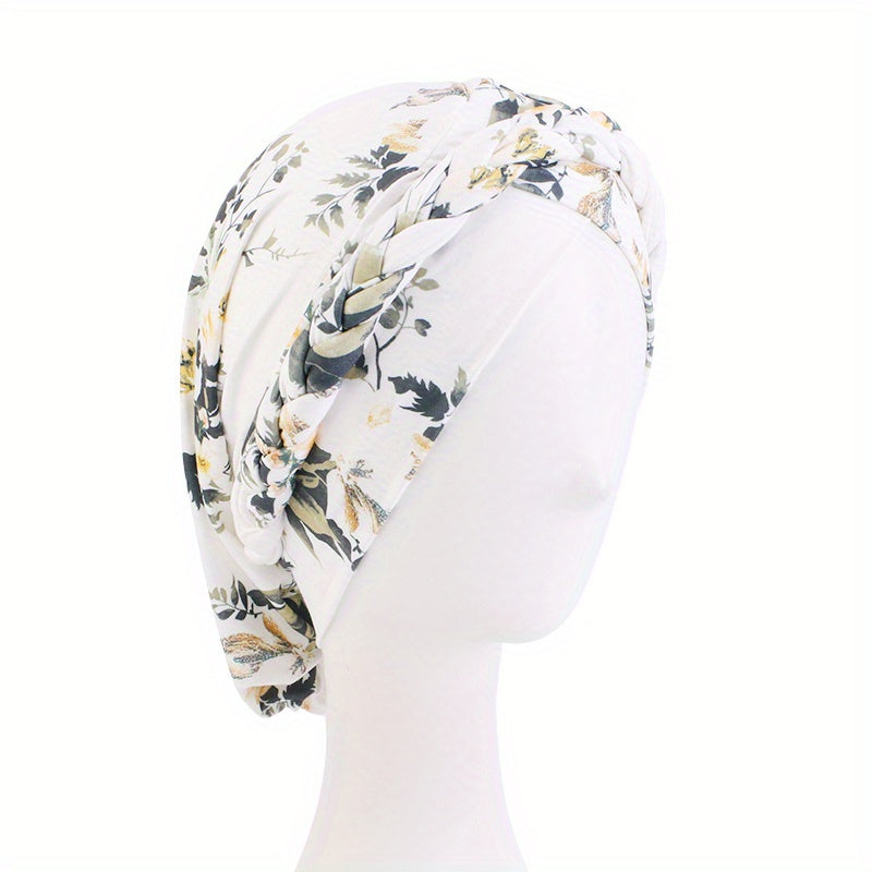 Flower Print Turban Cap Pre tied Braided Head Wrap Elastic Bonnet