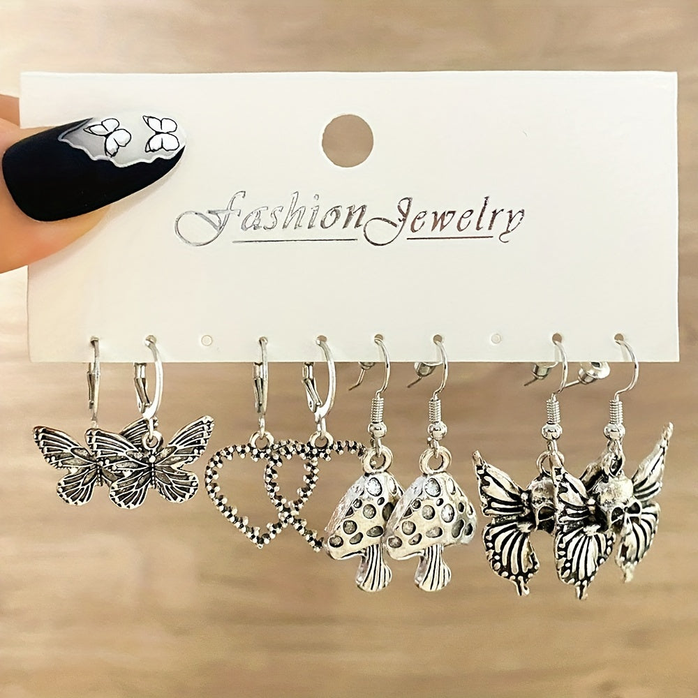 Punk Vintage Silver Snakes Butterfl. Sword Skull Earrings Set 9 Pairs