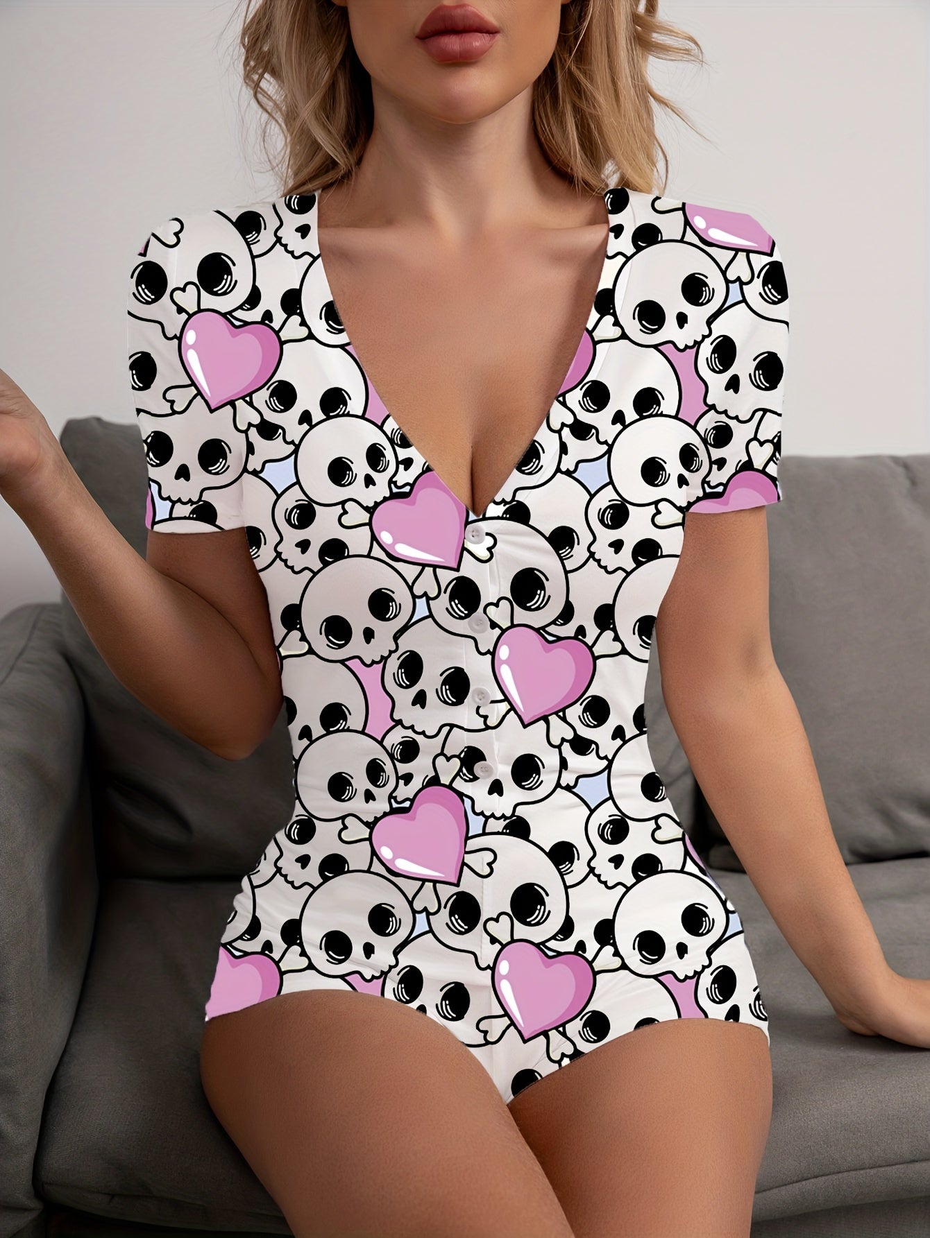 Skull Print Pajama Romper Short Sleeve V Neck Buttons Pajamas