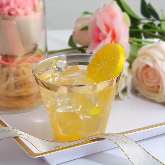 30pcs Clear Plastic Cups With Golden Rim 9oz