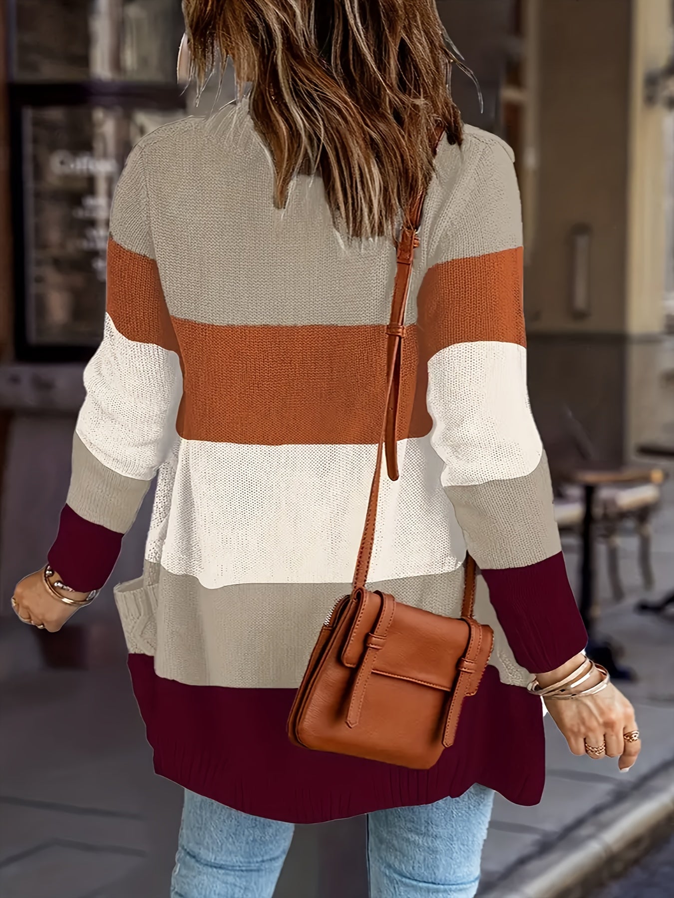  Colorblock Cable Long Sleeve Open Front Cardigan With Pockets