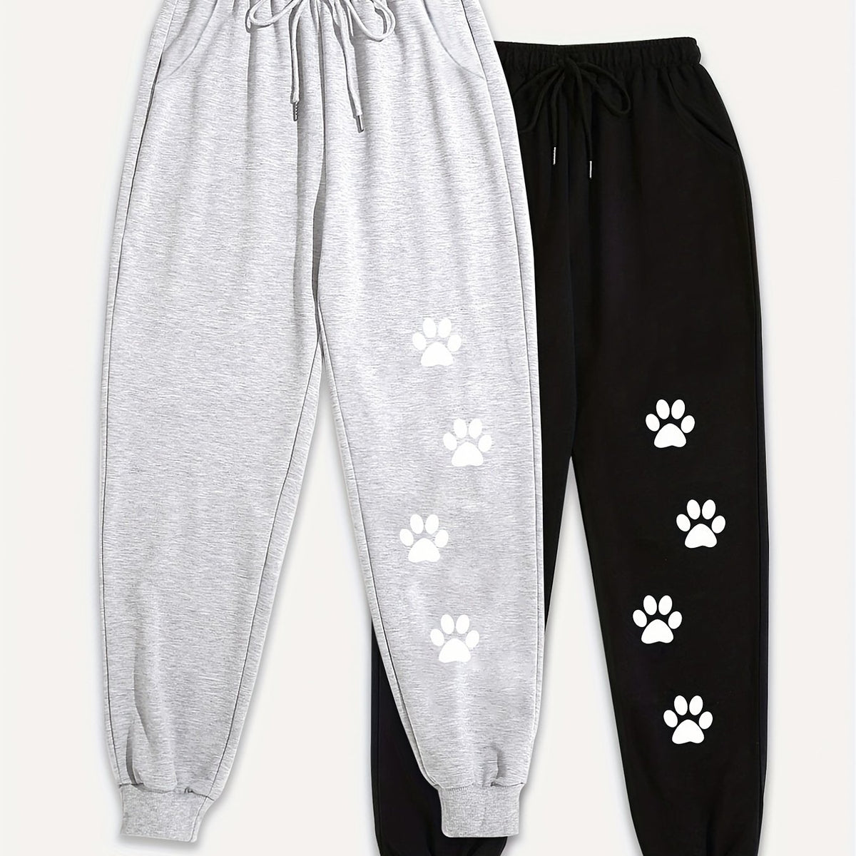 2 Pack Women's Plus Size Paw Print Sports Pants Elastic Drawstring Fitness