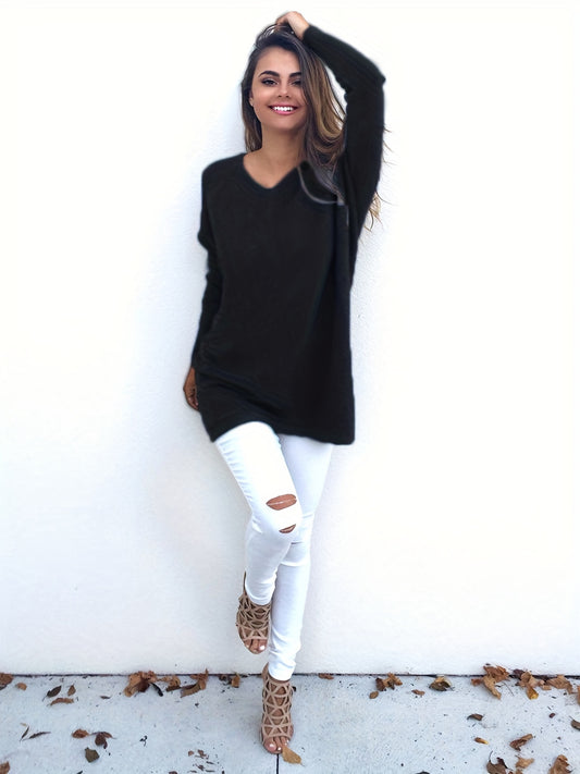  Casual Sweater Women's Plus Solid V-Neck Pullover Jumper