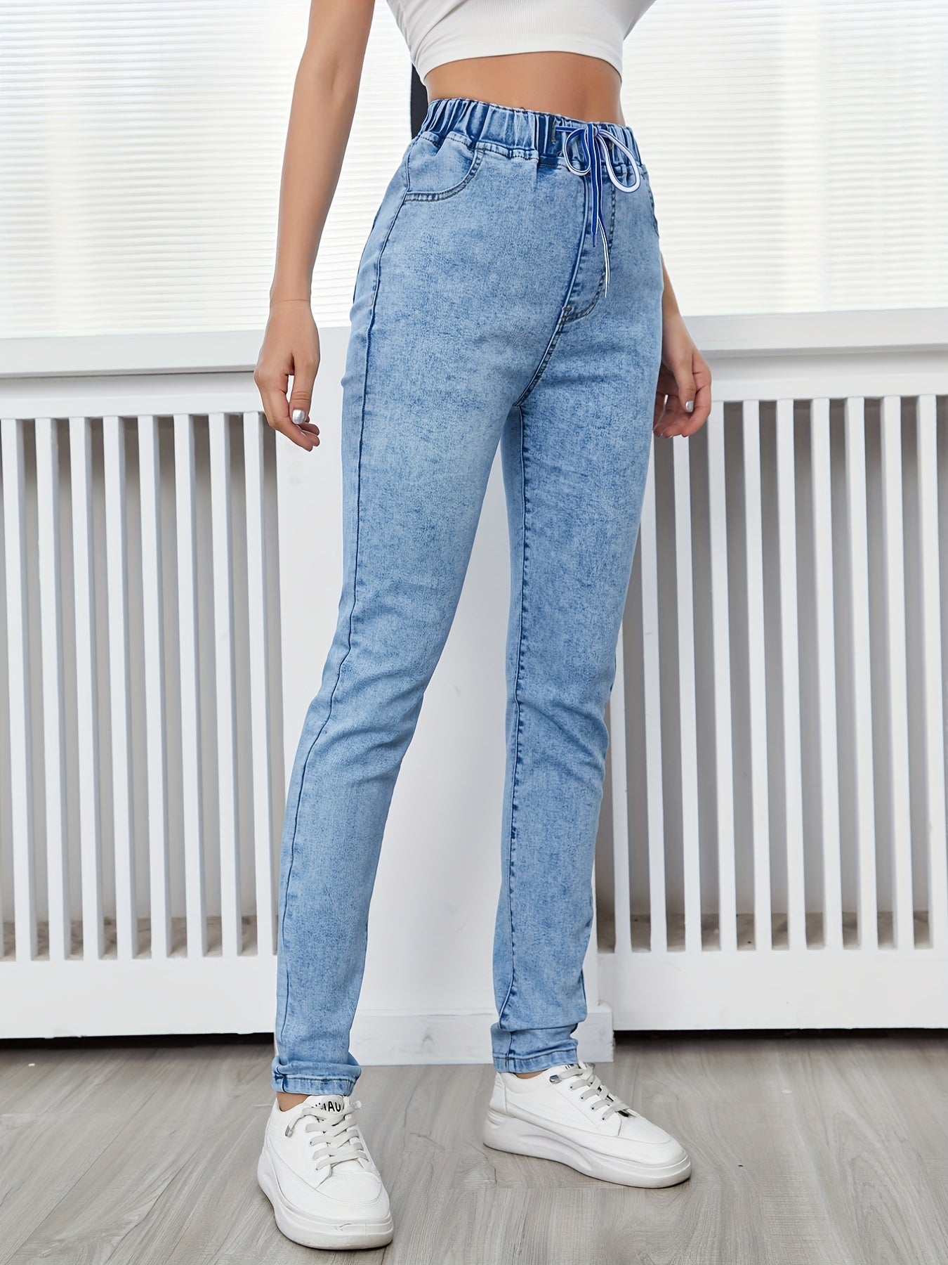 Women's Stretch Drawstring Waistband Slim Fit Denim Pants