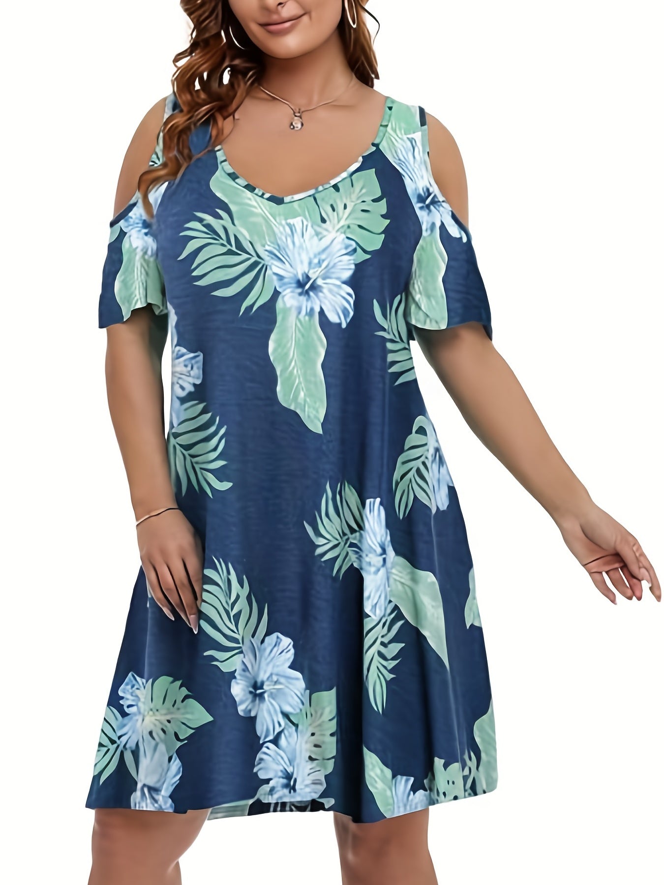 Floral Print Cold Shoulder Dress