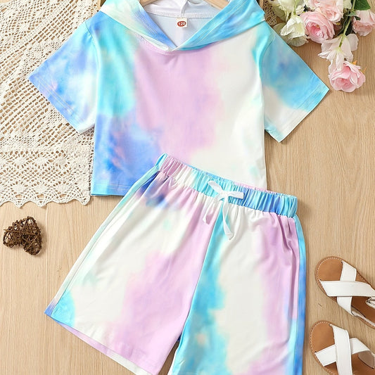 Girls' Tie Dyed Tracksuit Hooded T Shirt & Drawstring Shorts Set