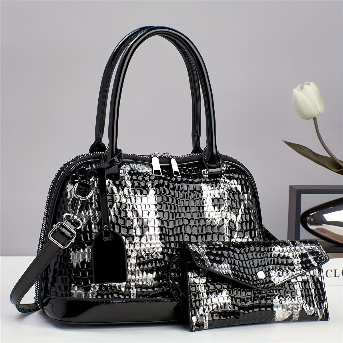 2PCS Snake Pattern Shoulder Handbag Set Women Bag Sets Zipper Closure