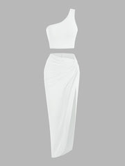 Sexy One Shoulder Crop Top & Front Skirt Set Women's Clothing