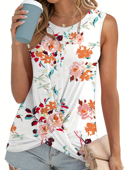 Floral Tank Top Twist Front Sleeveless Summer Casual Wear