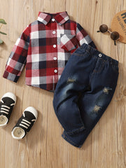 Boy's Plaid Shirt & Ripped Denim Pants Set For Spring Fall