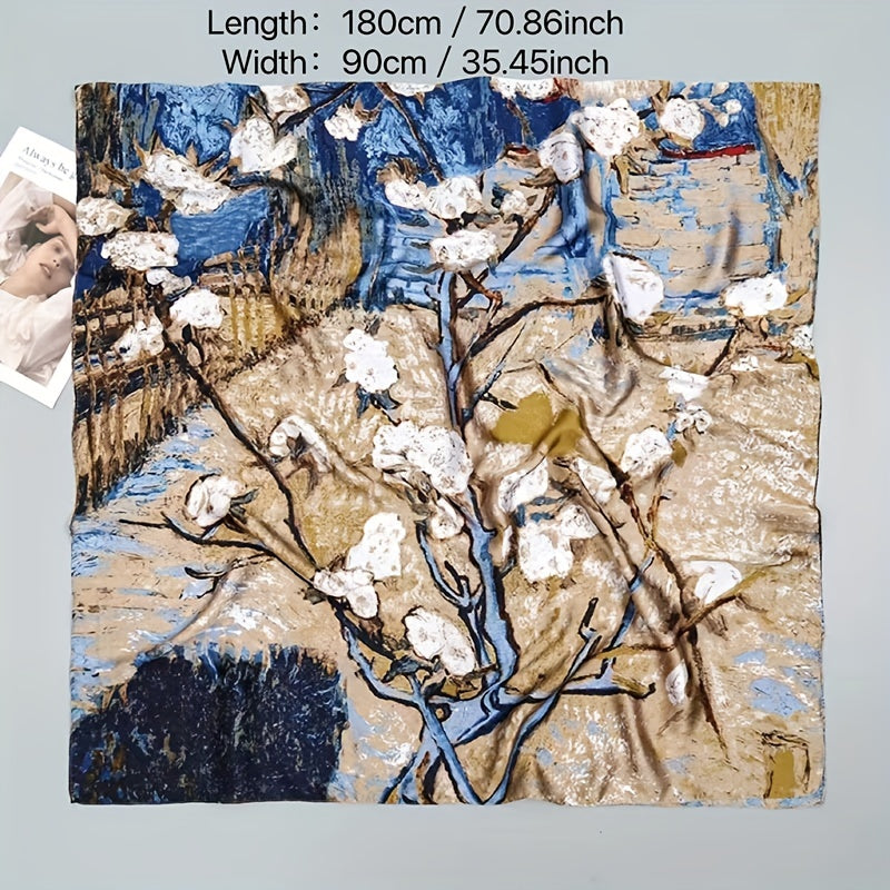 Vintage Flower Print Silk Scarf Shawl Sunscreen Travel Beach Towel Hijab