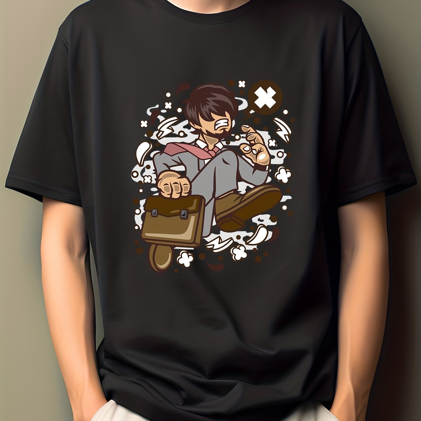 Men's Cartoon Print Hip Pop Tee - Short Sleeve Crew Neck T-shirt