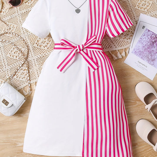 Girls Striped Short Sleeve Belted Dress Casual Spring Summer