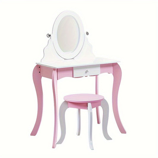 Girls Vanity Set with Mirror and Stool 2 in 1 Top Rotatable Mirror