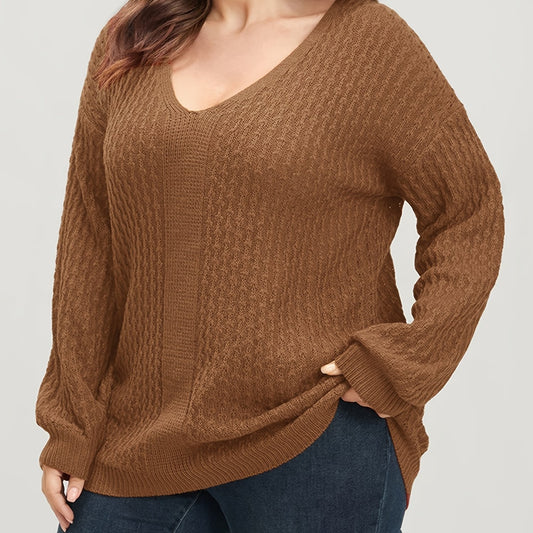  Solid Jacquard Long Sleeve V Neck Knit Top