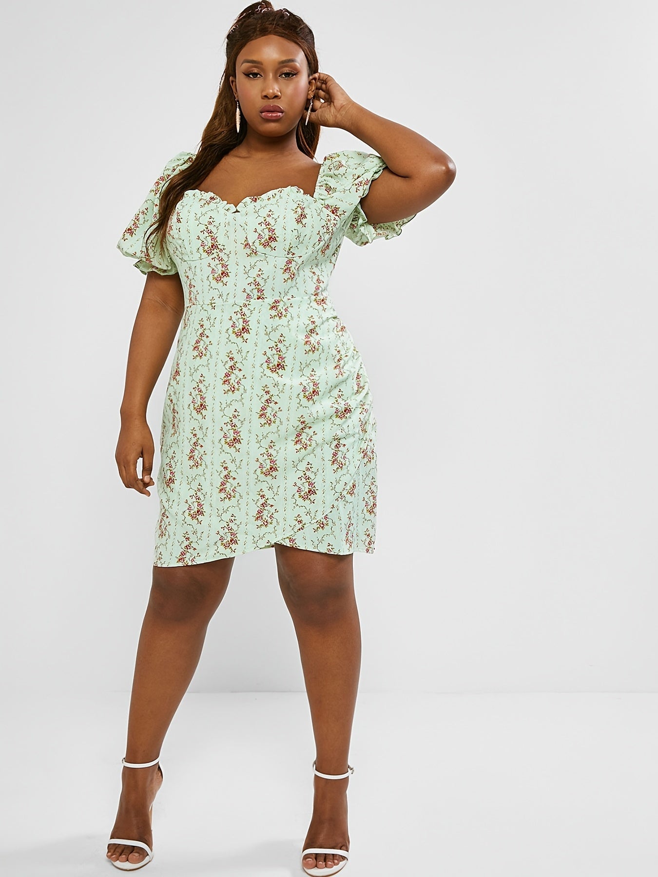 Floral Print Ruffle Trim Square Neck Short Sleeve Dress Plus Size