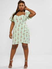 Floral Print Ruffle Trim Square Neck Short Sleeve Dress Plus Size