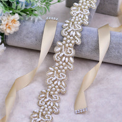 Floral Lace Bridal Belt with Golden Embellishments