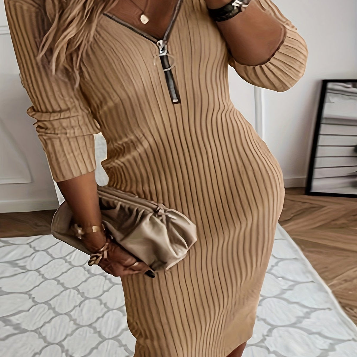  Solid Ribbed Long Sleeve Bodycon Midi Dress
