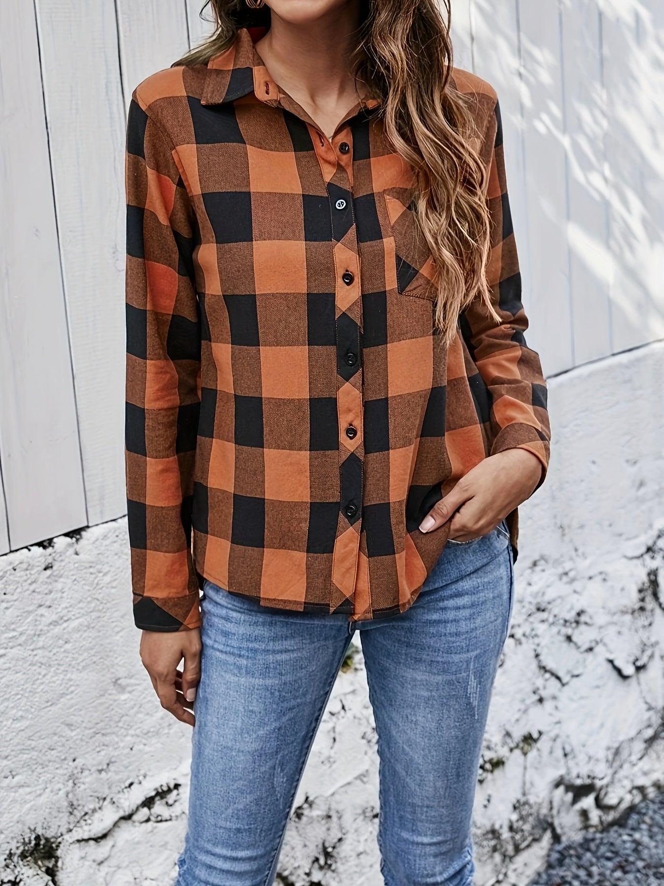  Plaid Print Long Sleeve Button Up Collar Shirt Top