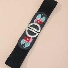 Vintage Flower Embroidery Belt Elastic Wide Waistband Dress Girdle