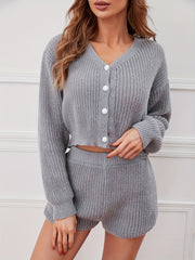 Knitted Lounge Set Long Sleeve Top & Shorts Women's Loungewear