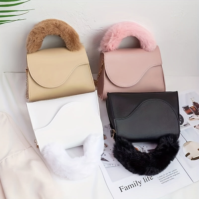 Plush Handle Chain Crossbody Bag Women's Square Shoulder Bag