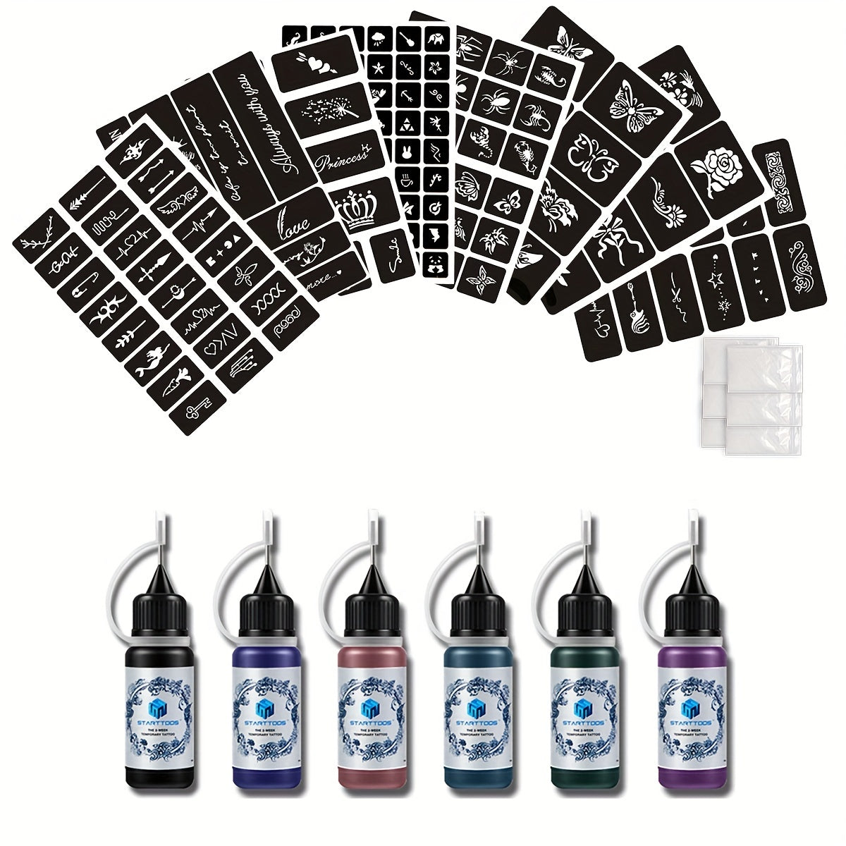8 Sheets Tattoo Stencils & 6 Bottles Ink Set