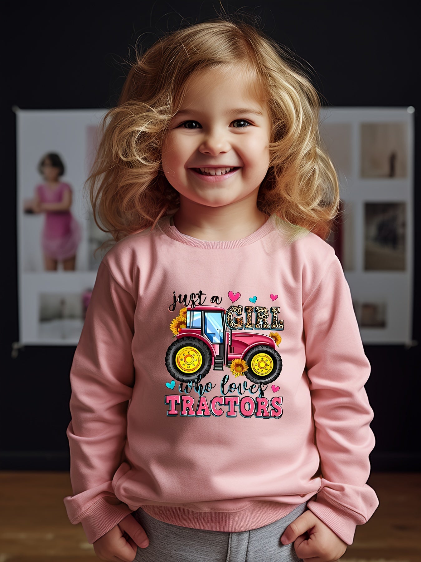 Girls Truck Pattern Crew Neck Sweatshirt for Spring Fall