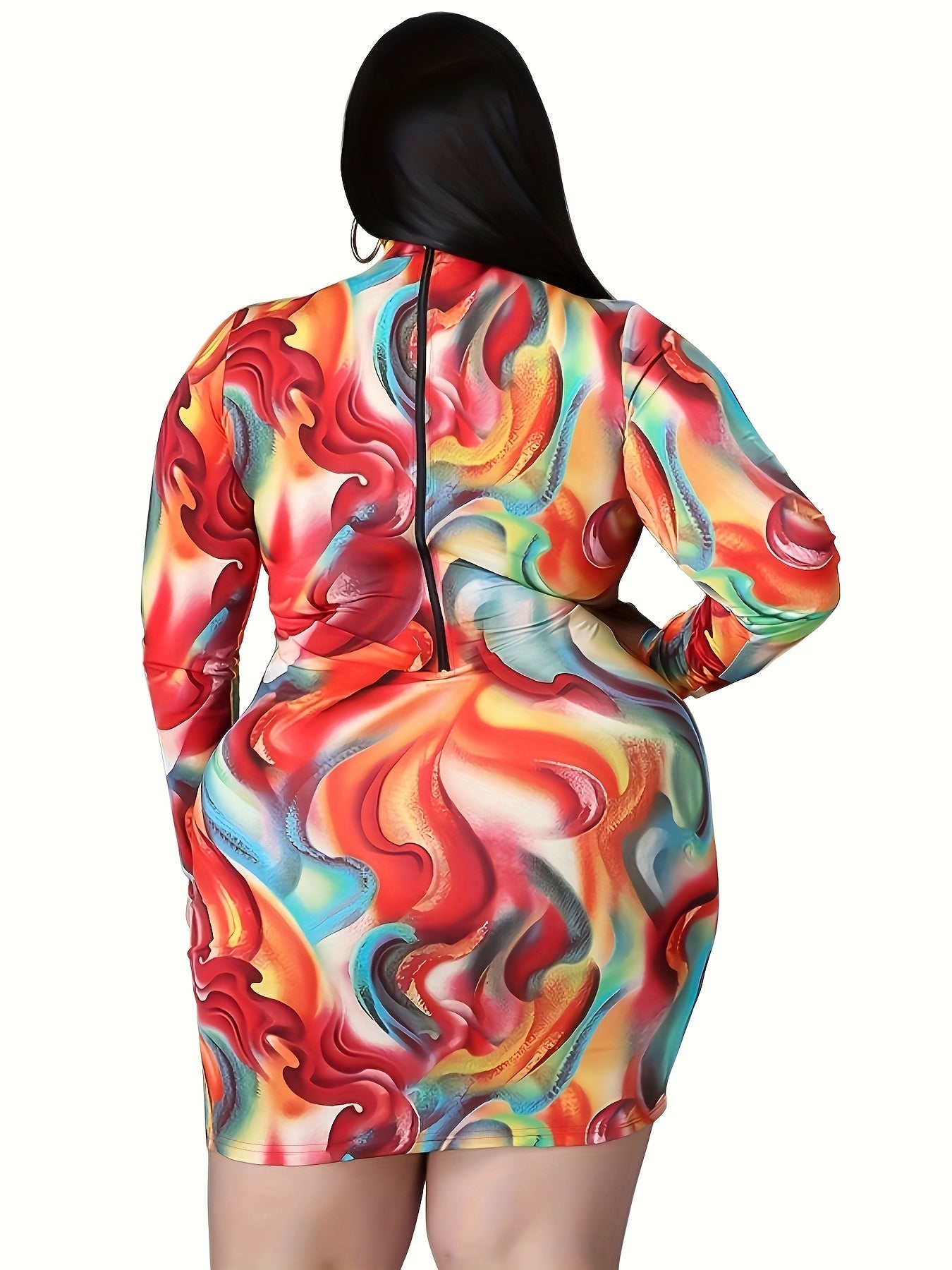  Sexy Dress Zipper Long Sleeve Cut Out Mock Neck Stretch Mini Dress