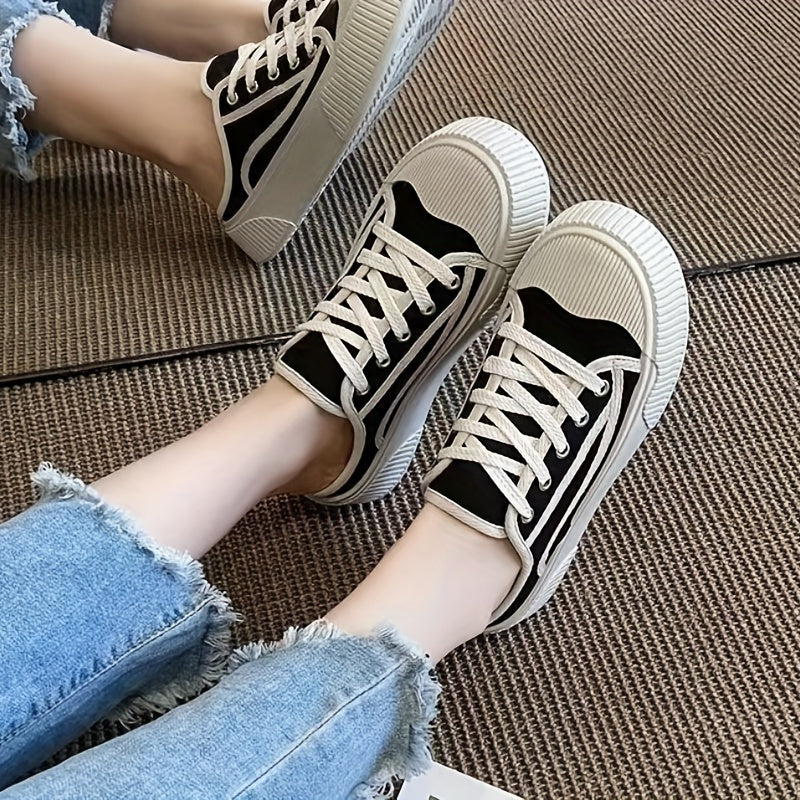 Women's Mule Sneakers Lace Up Canvas Shoes Platform Walking Shoes