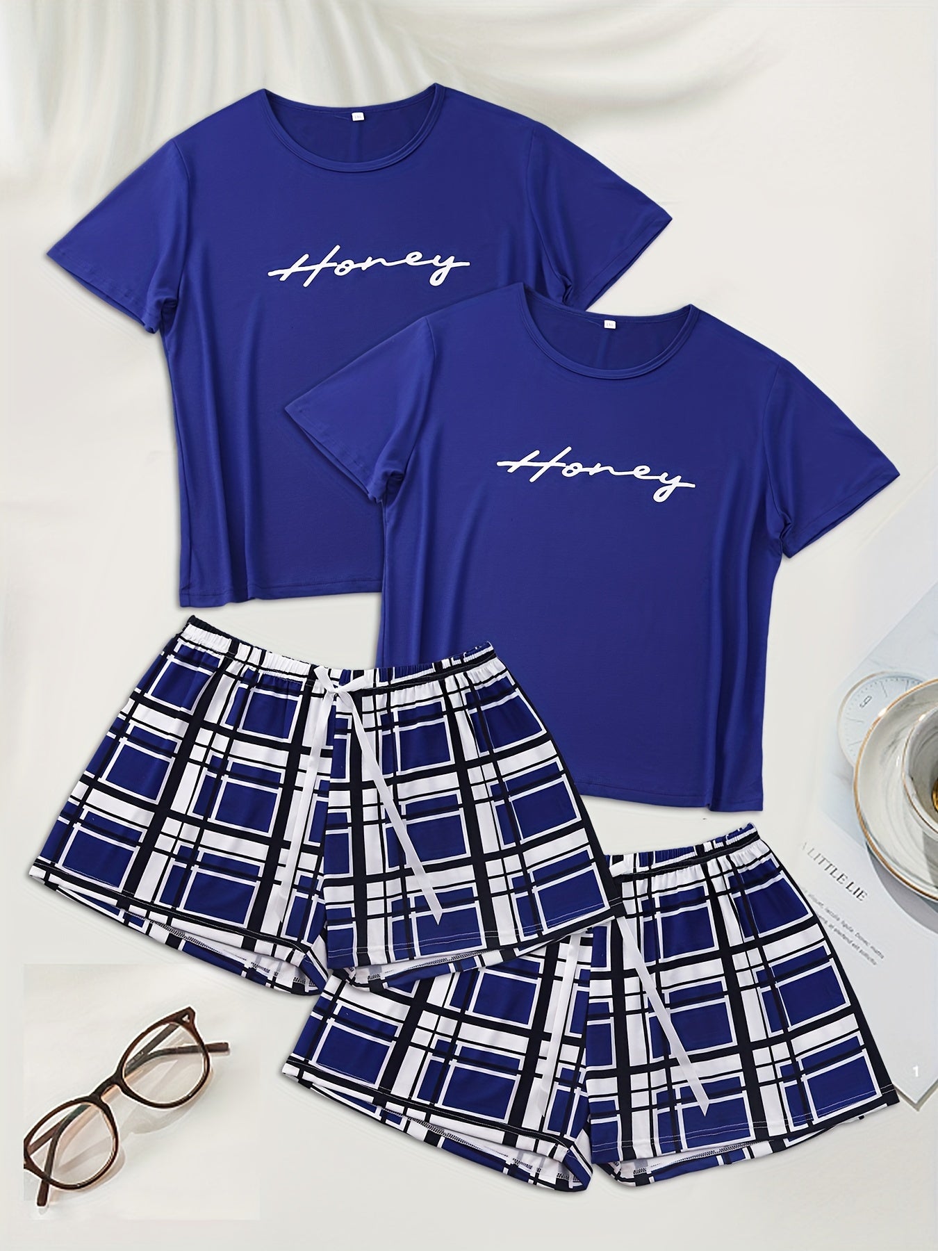 4 Pack Plus Size Casual Pajamas Set Women's Plus Letter & Plaid Print