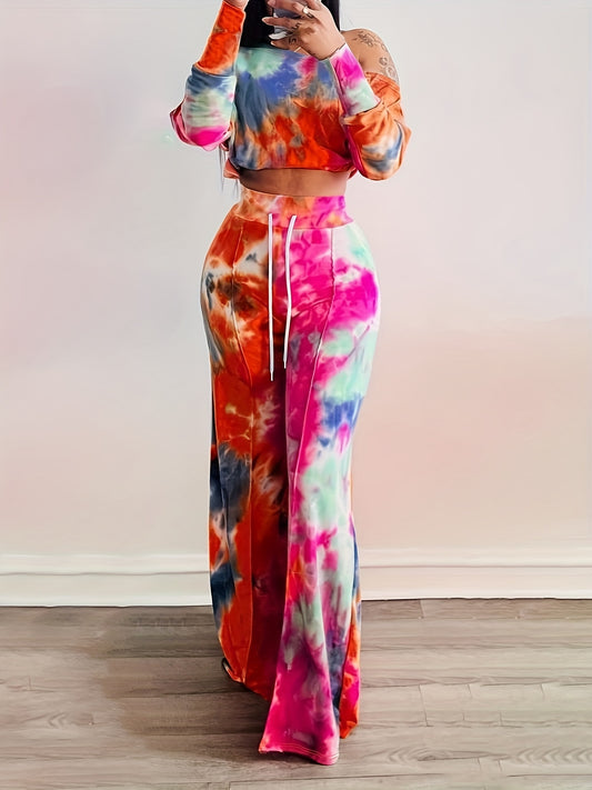 Tie Dye Two piece Set Long Sleeve Crop Top & Wide Leg Pants Outfit