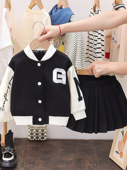 2pcs Girls Baseball Jacket and Pleated Skirt Set for Spring and Fall
