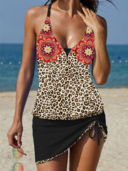 Leopard Floral Print Patchwork Tankini V Neck Block Swimsuit Set