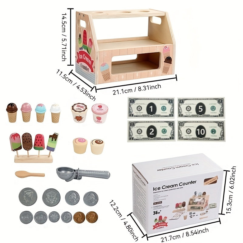 Wooden Ice Cream and Popsicle Playset Kitchen Role Play Set for Kids