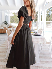 Casual Two Piece Set Puff Sleeve Cropped Tops & Ruched Maxi Skirts