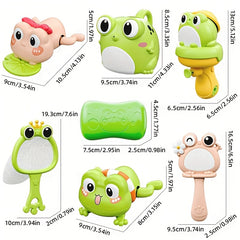 7pcs Frog Bath Toy Set with Water Gun & Massage Brush