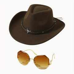 Western Cowboy Hat Glasses Set Belt Decor Fedora Cap & Gradient Sunglasses