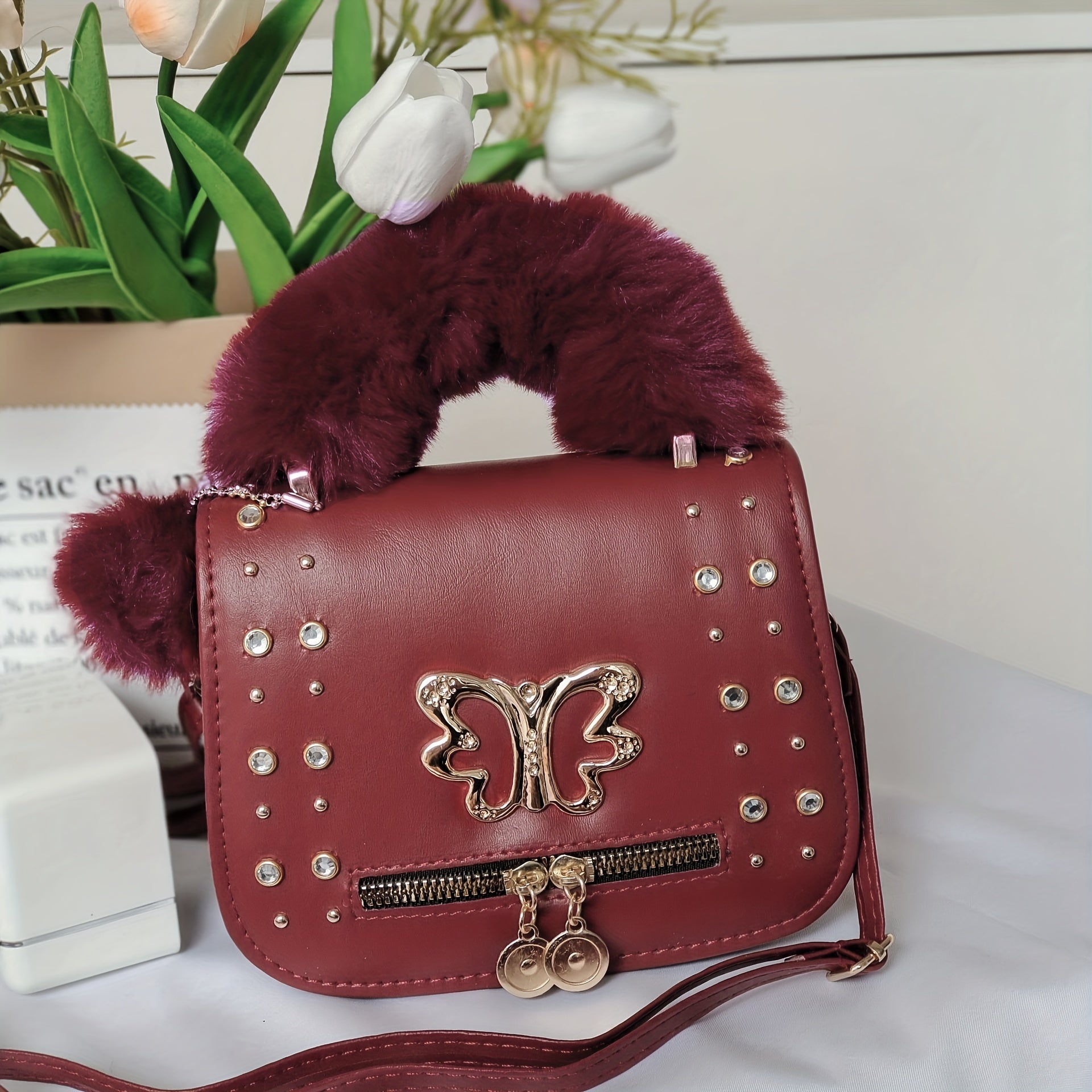 Rhinestone Butterfly Crossbody Bag Square Purse Plush Handle