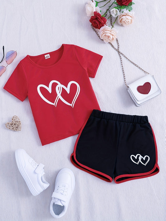 2pcs Toddler Girls Heart Graphic T Shirts & Track Shorts Set