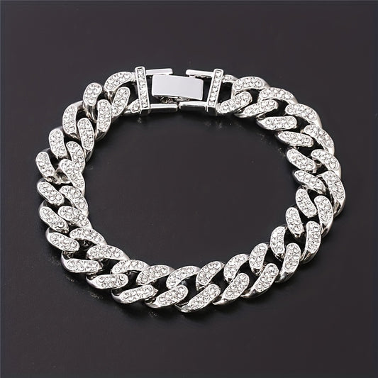 Men's Silvery Rhinestone Cuban Bracelet Hip Hop Bling