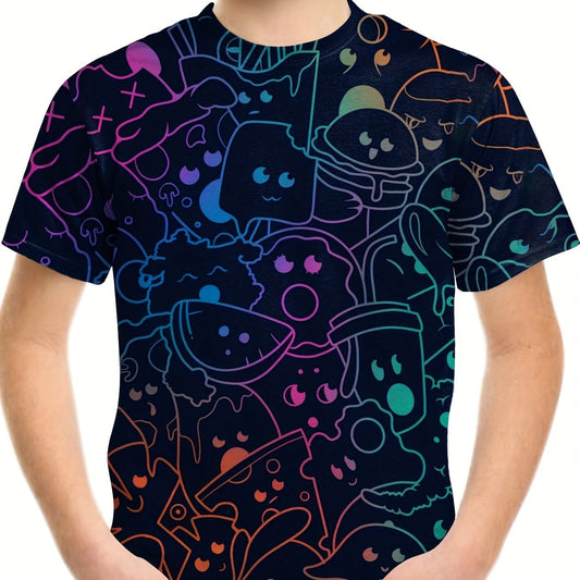 Gradient Cartoon Line Print Boy's Casual Short Sleeve T-shirt