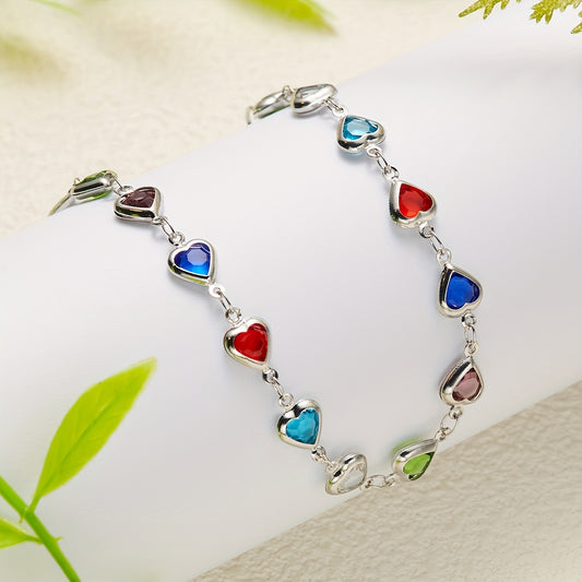 Colorful Faux Crystal Chain Anklet Love Heart Silver Plated Ankle Bracelet