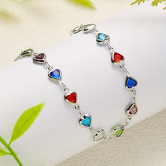 Colorful Faux Crystal Chain Anklet Love Heart Silver Plated Ankle Bracelet