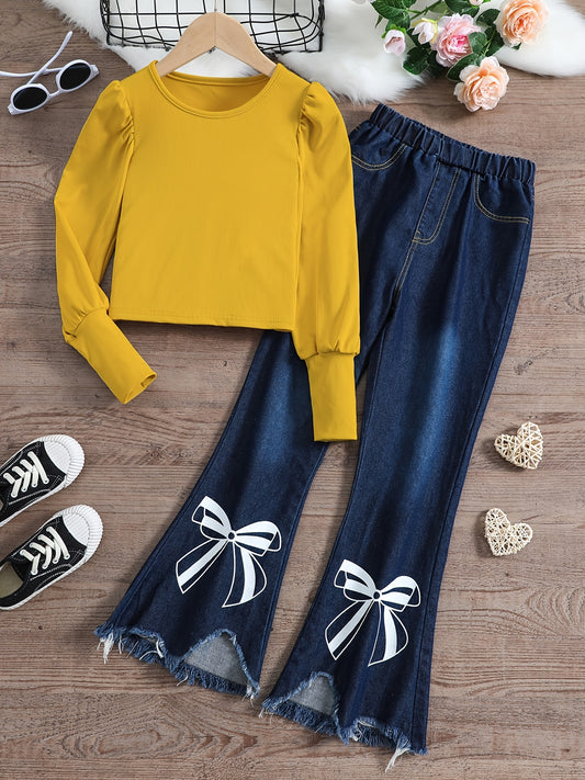 Girl's Denim Outfit 2pcs Top & Flared Jeans Set for Spring Fall