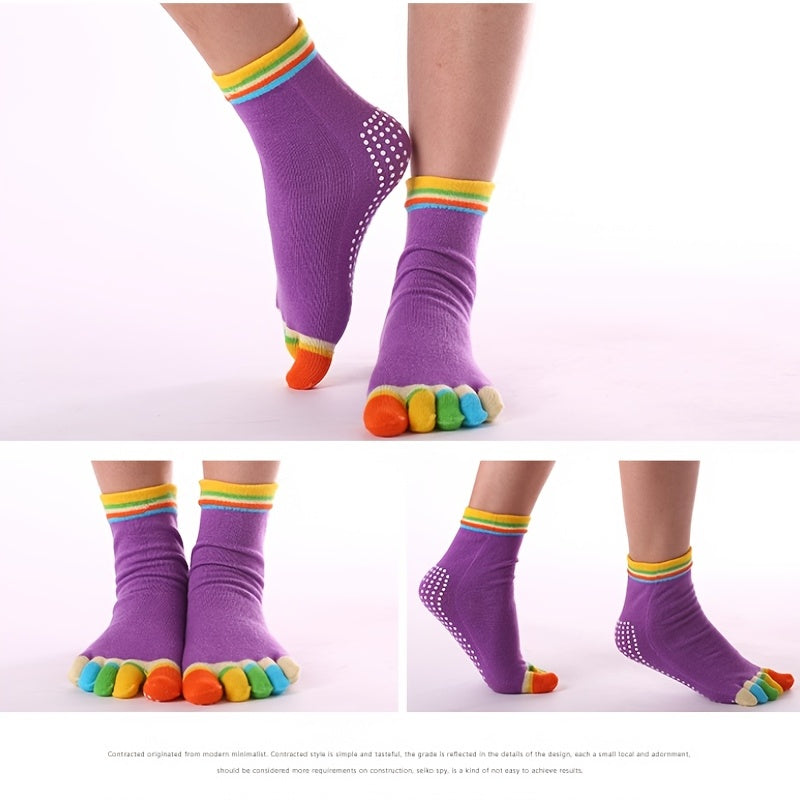 Rainbow Non-slip Yoga Socks Cozy 5 Toes Knitted Calf Crew Socks